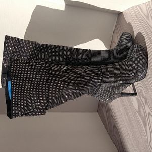 Black silver embellished rhinestones knee heel boots size 6.5